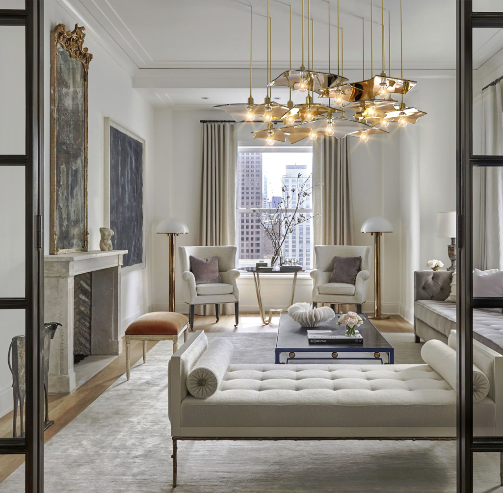 Bloom golden chandelier hanging in modern interior