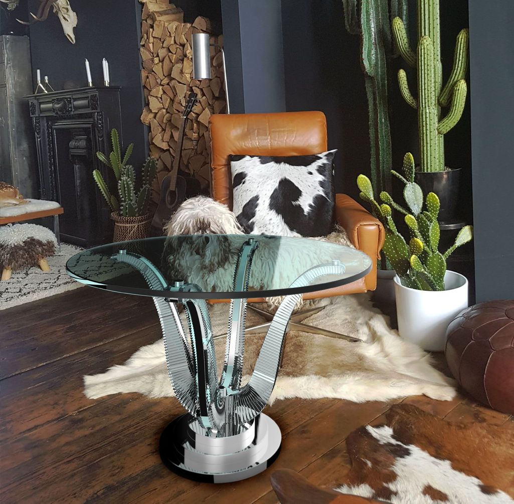 Rounded glass and metal Harp table in rustic interior 