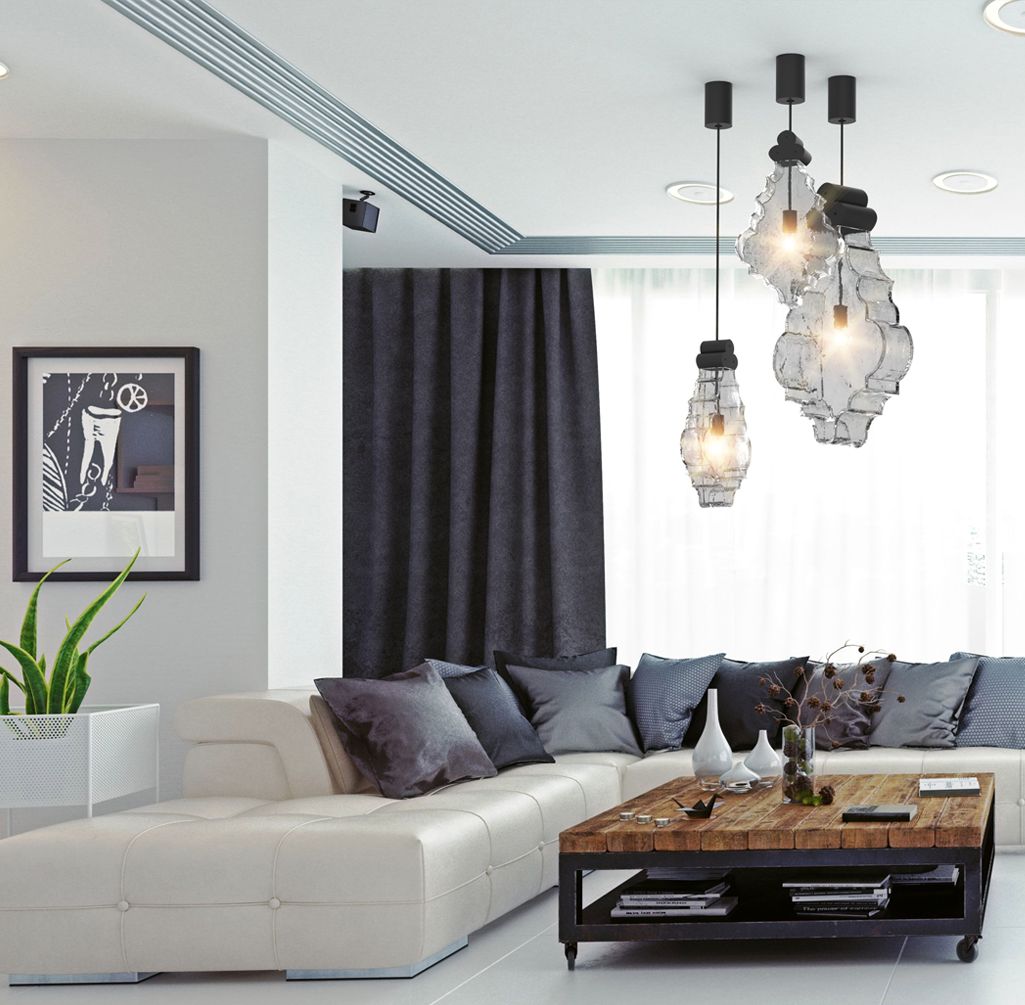 Ceiling lamp inspired by the historical legacy of chandelier trimmings hanging in modern interior